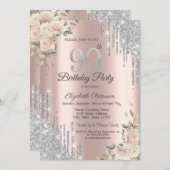 グリッタードリップス、花バラ金ゴールド90誕生日 招待状 (正面/裏面)