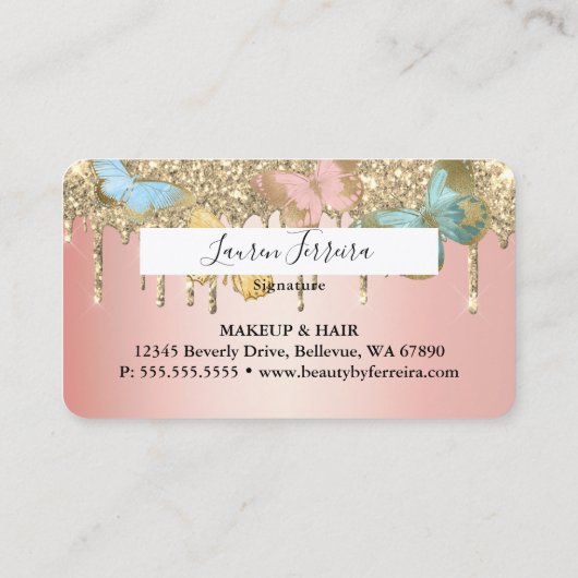 グリッタードリップバタフライガーリーシックフェイククレジットカード 名刺 (裏面)