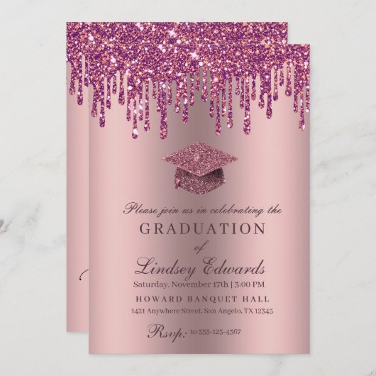 グリッタードリップバラピンク卒業招待状 招待状 (正面/裏面)