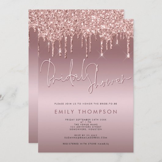 グリッタードリップバラ金ゴールドスクリプトブライダルシャワー 招待状 (正面/裏面)