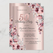 グリッタードリップバラ金ゴールドピンクフローラ50誕生日 招待状 (正面/裏面)