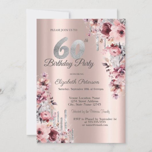 グリッタードリップバラ金ゴールドピンクフローラ60誕生日 招待状 (正面)