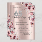 グリッタードリップバラ金ゴールドピンクフローラ65位誕生日 招待状 (正面/裏面)