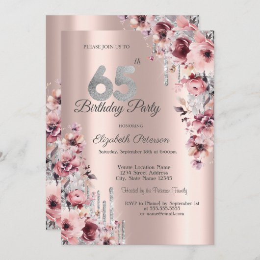 グリッタードリップバラ金ゴールドピンクフローラ65位誕生日 招待状 (正面/裏面)