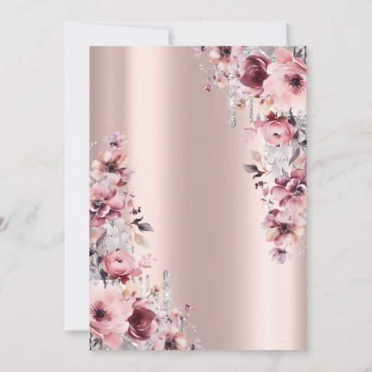 グリッタードリップバラ金ゴールドピンクフローラ85誕生日 招待状 (裏面)