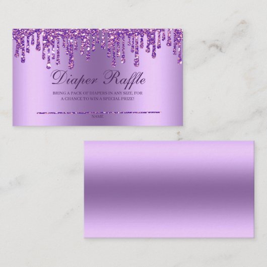 グリッタードリップパープルベビーシャワーおむつラッフルエンクル エンクロージャーカード (正面/裏面)