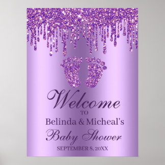 グリッタードリップパープル足ベビーシャワーウェルカムサイン ポスター