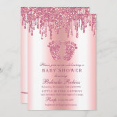 グリッタードリップピンクベビー足ベビーシャワー 招待状 (正面/裏面)
