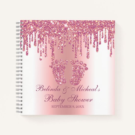 グリッタードリップピンク足ズベビーシャワーゲストブック ノートブック (正面)