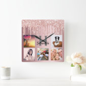 グリッタードリップフォトコラージュピンクメタルファミリー スクエア壁時計 (ホーム)