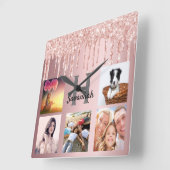 グリッタードリップフォトコラージュピンクメタルファミリー スクエア壁時計 (傾斜)