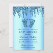 グリッタードリップブルーベビー足ベビーシャワー招待状 招待状 (正面)