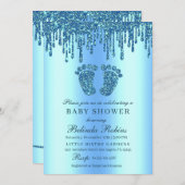 グリッタードリップブルーベビー足ベビーシャワー招待状 招待状 (正面/裏面)