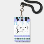グリッタードリップマーメイドティール（緑がかった色）パープルスウィート16 VIPパス バッジ (Front with Lanyard)