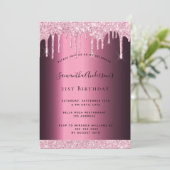 グリッタードリップ誕生日パーティーパープルピンクフォイルグラム 招待状 (スタンド正面)