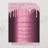 グリッタードリップ誕生日パーティーパープルピンクフォイルグラム 招待状 (正面/裏面)