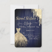グリッタードリップ金ゴールドドレスブルースウィート16 RSVP 招待状 (正面)