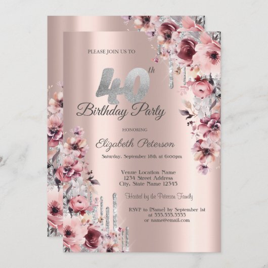 グリッタードリプスバラ金ゴールドピンクフローラ40th誕生日 招待状 (正面/裏面)