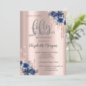 グリッタードリプスバラ金ゴールドブルーフラワー50誕生日 招待状 (スタンド正面)