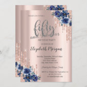 グリッタードリプスバラ金ゴールドブルーフラワー50誕生日 招待状 (正面/裏面)