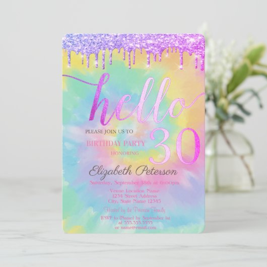 グリッタードリプス絞り染め30th誕生日パーティー 招待状 (スタンド正面)