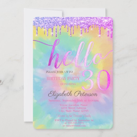 グリッタードリプス絞り染め30th誕生日パーティー 招待状 (正面)