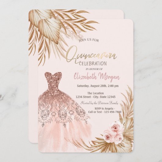 グリッタードレかわいらしスボホフラワーズキンセアニラ 招待状 (正面/裏面)