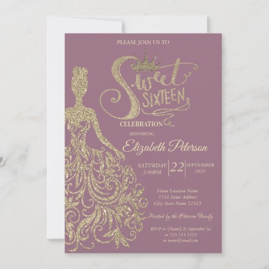 グリッタードレスガールティアラダイアモンズスウィート16 招待状 (正面)