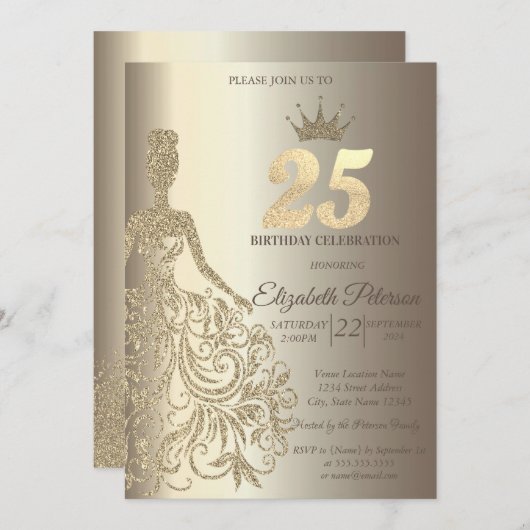 グリッタードレスダイアモンズシャンパーニュ25誕生日 招待状 (正面/裏面)