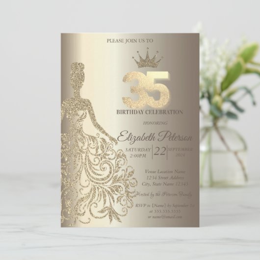 グリッタードレスダイアモンズシャンパーニュ35誕生日 招待状 (スタンド正面)