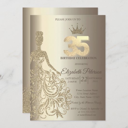 グリッタードレスダイアモンズシャンパーニュ35誕生日 招待状 (正面/裏面)