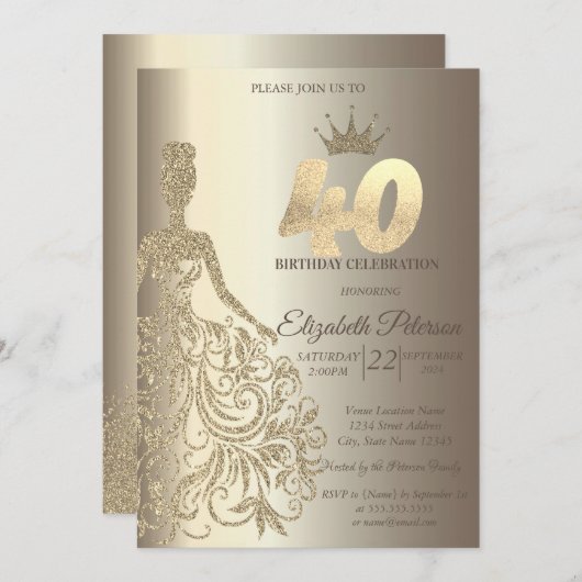 グリッタードレスダイヤモンドシャンパーニュ40歳の誕生日 招待状 (正面/裏面)
