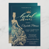 グリッタードレスティアラダイアモンズグリーンブライダルシャワー 招待状 (正面/裏面)