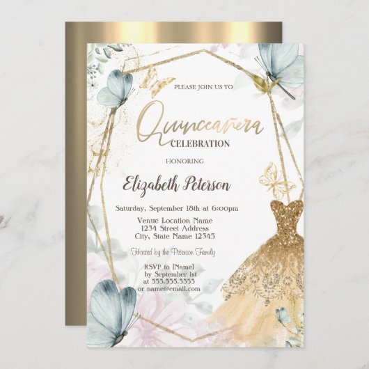 グリッタードレスブルー蝶金ゴールドフレーム 招待状 (正面/裏面)