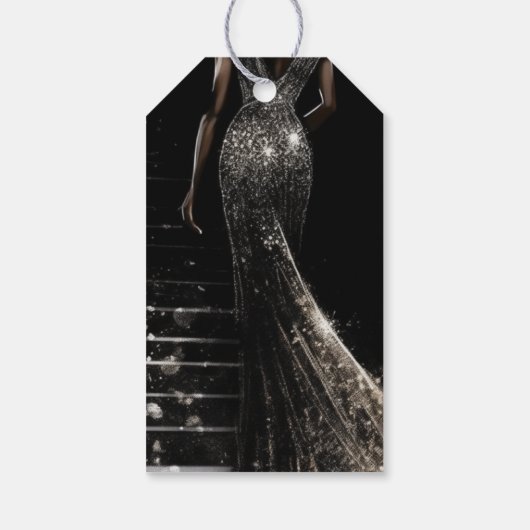 グリッタードレス金ゴールドフォイル黒の背景 ギフトタグ (裏面)
