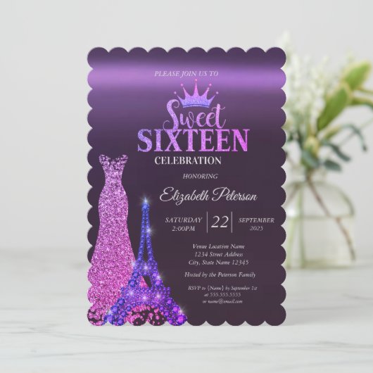 グリッタードレス，ティアラ，エッフェルタワーパープルスウィート16 招待状 (スタンド正面)