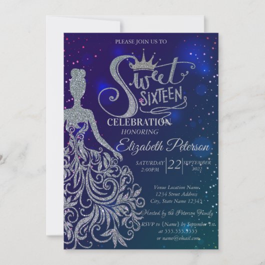 グリッタードレス，ティアラ，ダイアモンズブルースタースイーツ16 招待状 (正面)