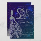 グリッタードレス，ティアラ，ダイアモンズブルースタースイーツ16 招待状 (正面/裏面)