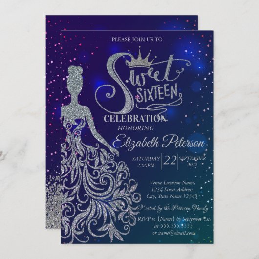 グリッタードレス，ティアラ，ダイアモンズブルースタースイーツ16 招待状 (正面/裏面)