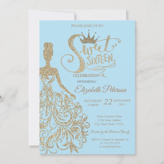 グリッタードレス、ティアラ、ダイアモンズライトブルースウィート16 招待状 (正面)