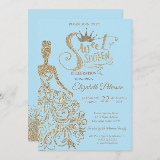 グリッタードレス、ティアラ、ダイアモンズライトブルースウィート16 招待状 (正面/裏面)