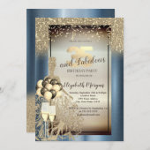 グリッタードレス、バルーン、ブルー金属35誕生日 招待状 (正面/裏面)