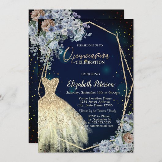 グリッタードレス、ブルーフラワーズキンセアニェラ 招待状 (正面/裏面)