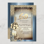 グリッタードレス、風船、ブルーメタリック60誕生日 招待状 (正面/裏面)