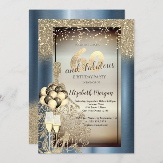 グリッタードレス、風船、ブルーメタリック60誕生日 招待状 (正面/裏面)