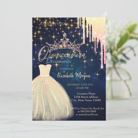 グリッタードロップティアラドレスネイビーブルーキンセアニラ 招待状 (スタンド正面)