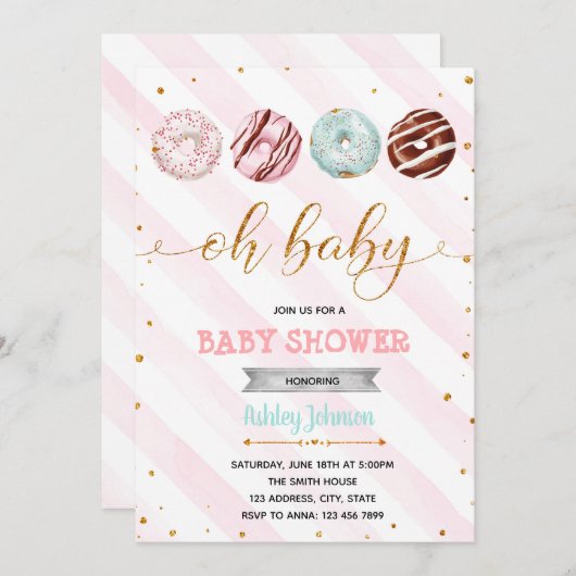 グリッタードーナツベビーシャワーパーティの招待状 招待状 (正面/裏面)