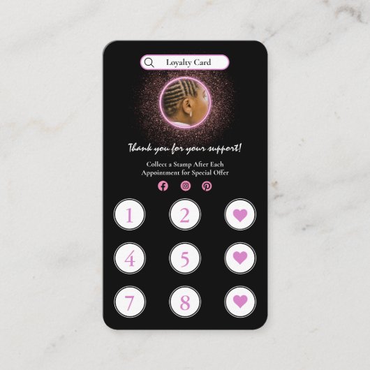 グリッターネオンピンクヘアブレイディングロイヤリティカード 名刺 (正面)