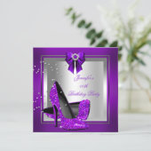 グリッターハイヒールシューシルバーパープル誕生日 招待状 (スタンド正面)