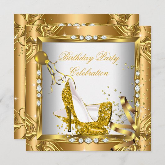 グリッターハイヒールシューズイエロー金ゴールドパーティー 招待状 (正面/裏面)